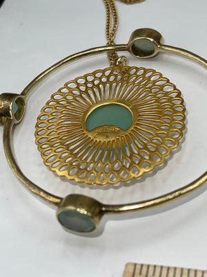 Julie Voss Pendant Necklace and Dangle Bracelet - Gold Tone Costume - Matching 4 station bracelet green gemstone or glass?