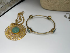Julie Voss Pendant Necklace and Dangle Bracelet - Gold Tone Costume - Matching 4 station bracelet green gemstone or glass?