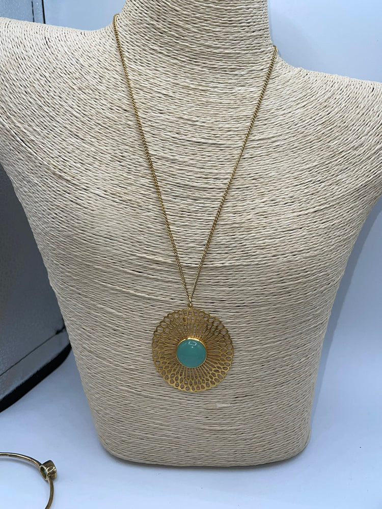 Julie Voss Pendant Necklace and Dangle Bracelet - Gold Tone Costume - Matching 4 station bracelet green gemstone or glass?