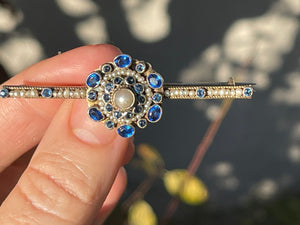 Austro Hungarian Victorian Brooch - Sterling Silver with Yellow Gold Gilt, Seed Pearls & Blue Gemstones or Glass - Antique