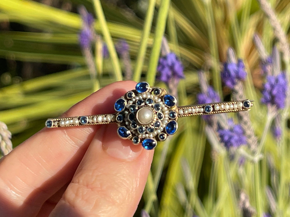 Austro Hungarian Victorian Brooch - Sterling Silver with Yellow Gold Gilt, Seed Pearls & Blue Gemstones or Glass - Antique