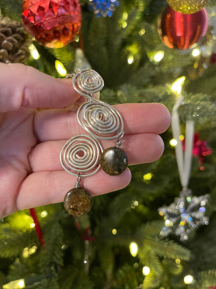 Vintage Swirl Earrings with Genuine Gemstone - Abstract Long Dangles