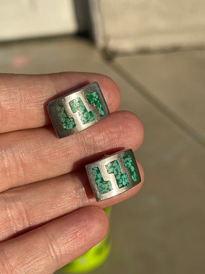 Vintage Malachite & Sterling Silver Earrings - Aztec Mexico - Rectangular Southwestern