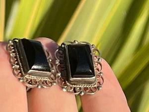 Antique Art Deco Filigree Ornate Screw Back Earrings | Sterling Silver & Black Onyx