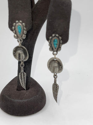 Vintage Western Turquoise Gemstone Earrings with Cowboy Hats & Feathers