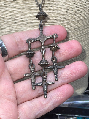 Antique Vintage big crucifix cross Taxco Mexico Yalalag Dangles tassels amazing rare Sterling silver 925 CEL Mexican Artisan chain necklace