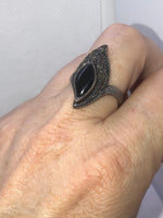 Vintage antique Marcasite black onyx sterling silver ring 925 modernist size 7 Art Deco