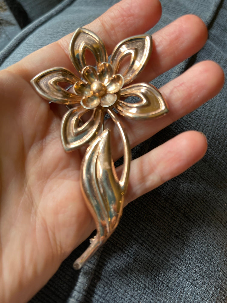 Antique vintage rose gold over sterling silver large flower brooch pin