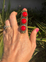 Beautiful unusual vintage tribal saddle full finger ring Red gemstones or glass? Brass intricate carving Adjustable  sizes 9- 11 unique