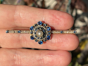 Austro Hungarian Victorian Brooch - Sterling Silver with Yellow Gold Gilt, Seed Pearls & Blue Gemstones or Glass - Antique