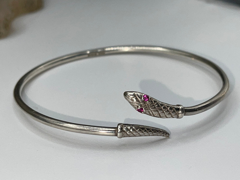 stunning Sterling Silver Snake - Serpent Bangle Bracelet Ruby Eyes Birmingham 1980’S Victorian Style Rare