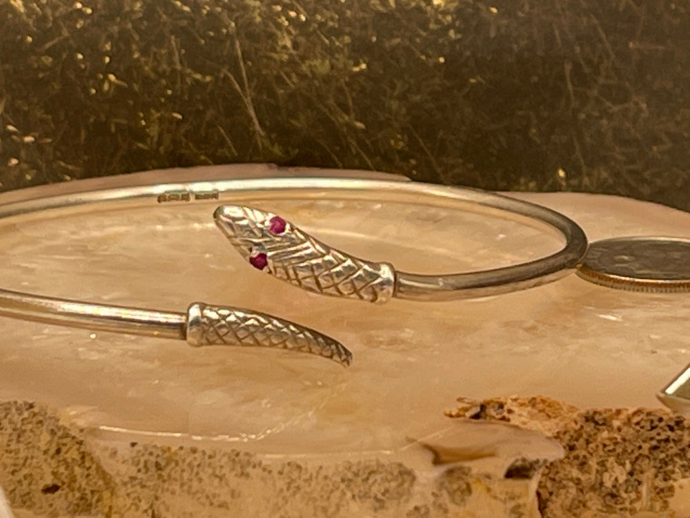 stunning Sterling Silver Snake - Serpent Bangle Bracelet Ruby Eyes Birmingham 1980’S Victorian Style Rare