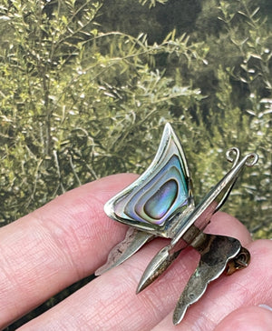 Vintage Taxco Mexico Butterfly Brooch - Abalone & Sterling Silver 925