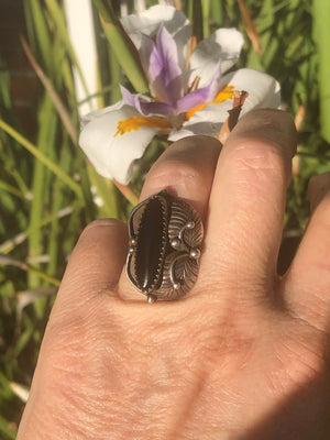 vintage Native American Indian Black onyx sterling silver  gemstone ring size 5 Southwestern squash blossom old pawn