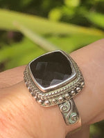 Beautiful large faceted black onyx gemstone ring sterling silver 925 cushion cut. Size 7