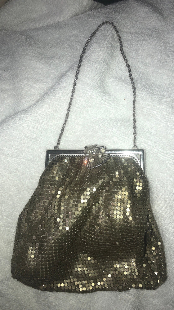 Beautiful antique vintage gold - silver  mesh evening bag Purse clear rhinestones  Art Deco
