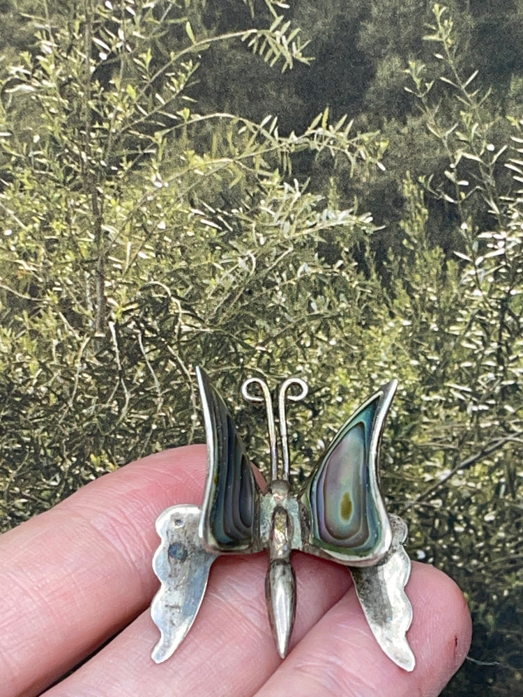 Vintage Taxco Mexico Butterfly Brooch - Abalone & Sterling Silver 925