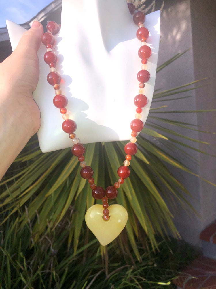 Butterscotch Amber Heart Pendant Necklace with Carnelian & Agate Beads, Sterling Silver Clasp, 22.25 Inch Vintage Statement Jewelry