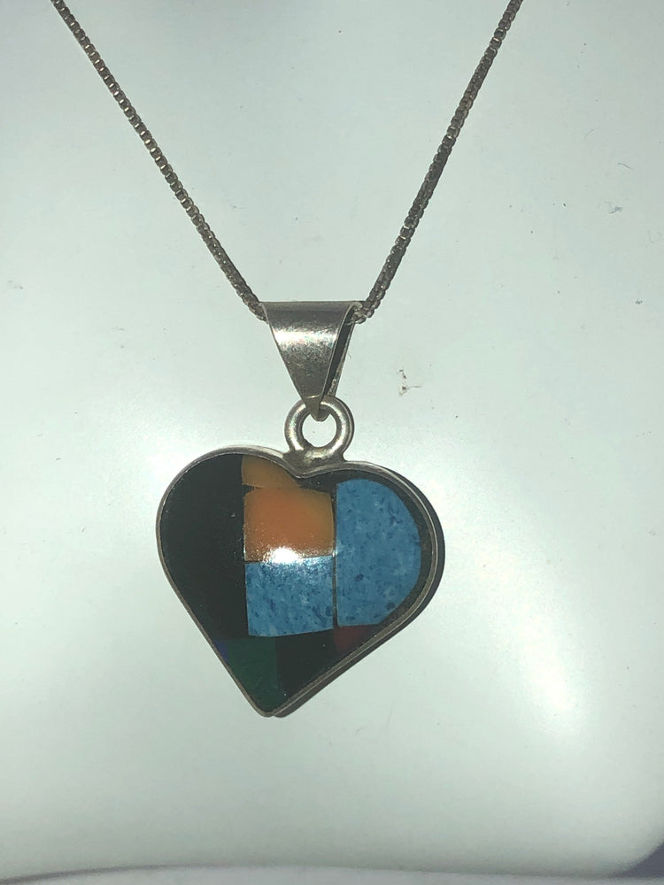 Vintage Gemstone Heart Pendant Necklace - Inlaid Spiny Oyster Malachite Denim Lapis Red Coral Black Onyx Lapis Lazuli - ATI 925 Mexico