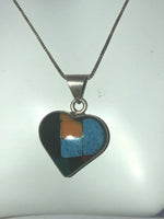 Vintage Gemstone Heart Pendant Necklace - Inlaid Spiny Oyster Malachite Denim Lapis Red Coral Black Onyx Lapis Lazuli - ATI 925 Mexico