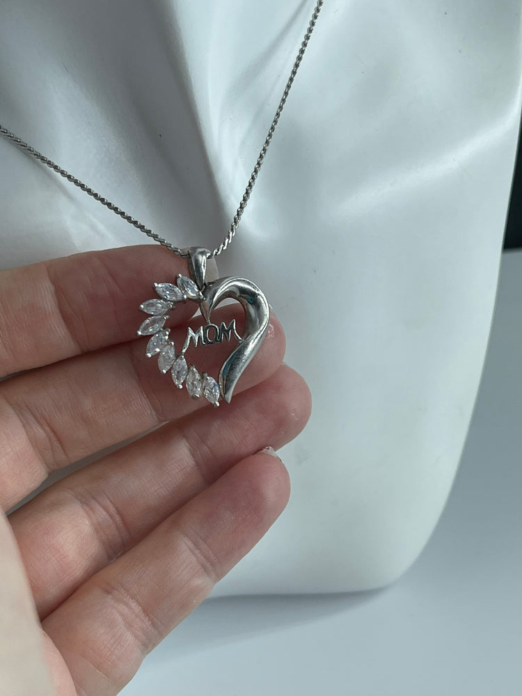 Sterling Silver Heart Pendant Necklace - Cubic Zirconia CZ - MOM
