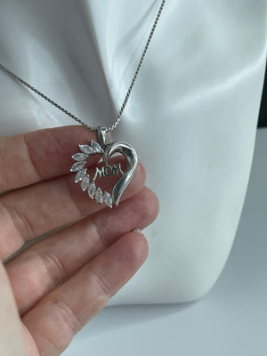 Sterling Silver Heart Pendant Necklace - Cubic Zirconia CZ - MOM