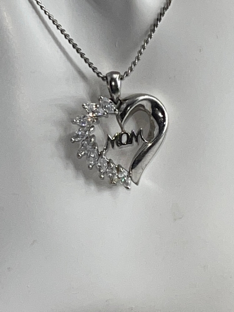 Sterling Silver Heart Pendant Necklace - Cubic Zirconia CZ - MOM