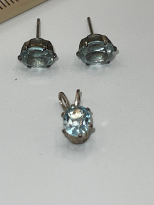 Vintage blue topaz gemstone earrings and pendant 4 necklace Sterling silver set