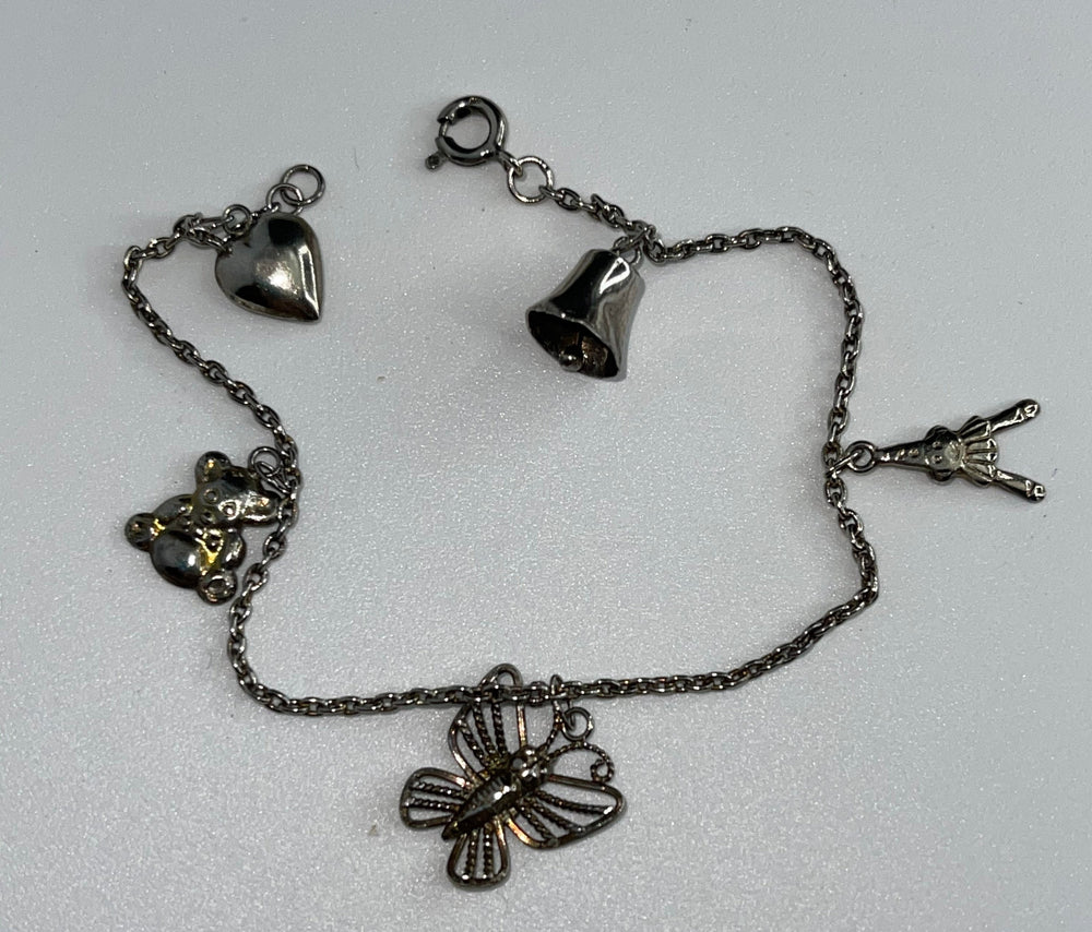 Vintage Sterling Silver 925 Charm Bracelet Teddy Bear Puffy Heart Butterfly Bell Clown Charms