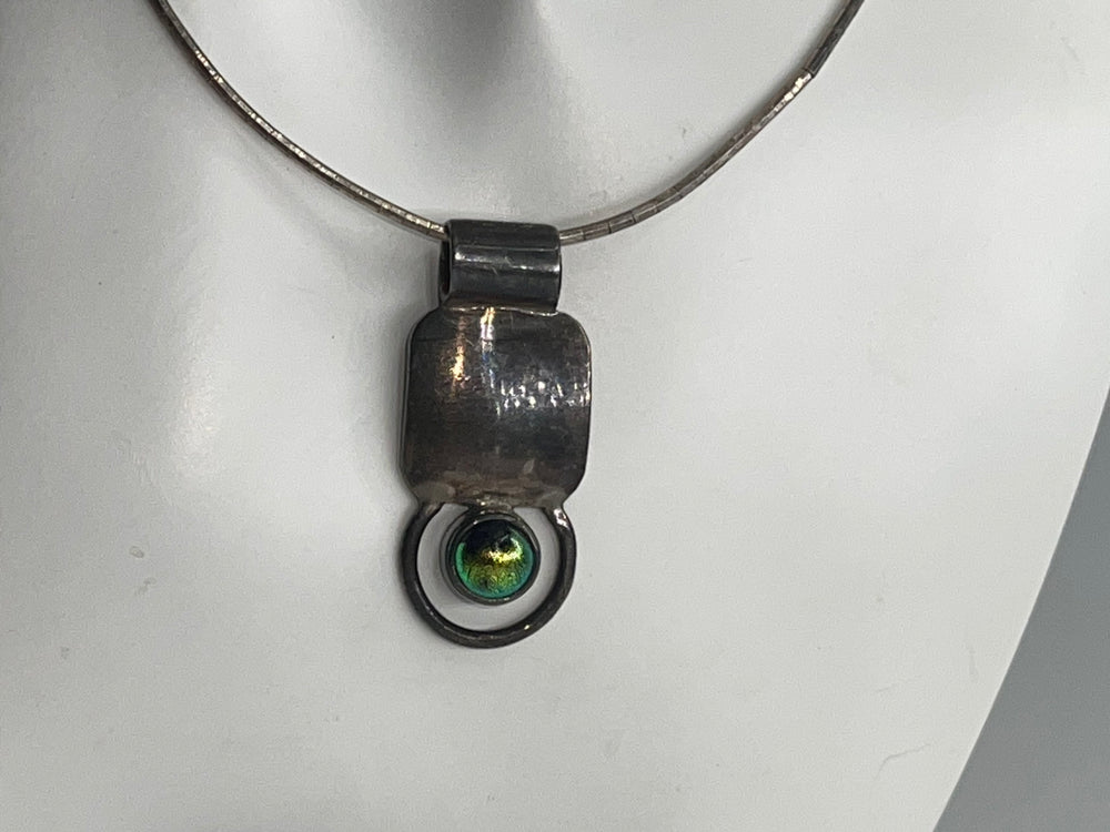Vintage Mid Century Modern Necklace Pendant & Earring Set - Green Glass and Sterling Silver 925