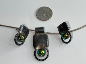 Vintage Mid Century Modern Necklace Pendant & Earring Set - Green Glass and Sterling Silver 925