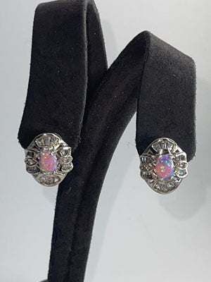 Vintage Cubic Zirconia & Fire Opal Stud Earrings - Sterling Silver 925 CZs
