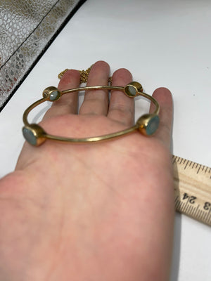 Julie Voss Pendant Necklace and Dangle Bracelet - Gold Tone Costume - Matching 4 station bracelet green gemstone or glass?
