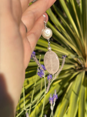 Vintage Rose Quartz Crystal & Pearl Earrings Sterling Silver 925 Long Dangles