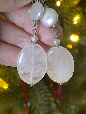 Vintage Rose Quartz Crystal & Pearl Earrings Sterling Silver 925 Long Dangles