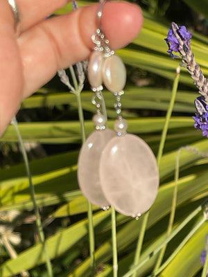 Vintage Rose Quartz Crystal & Pearl Earrings Sterling Silver 925 Long Dangles