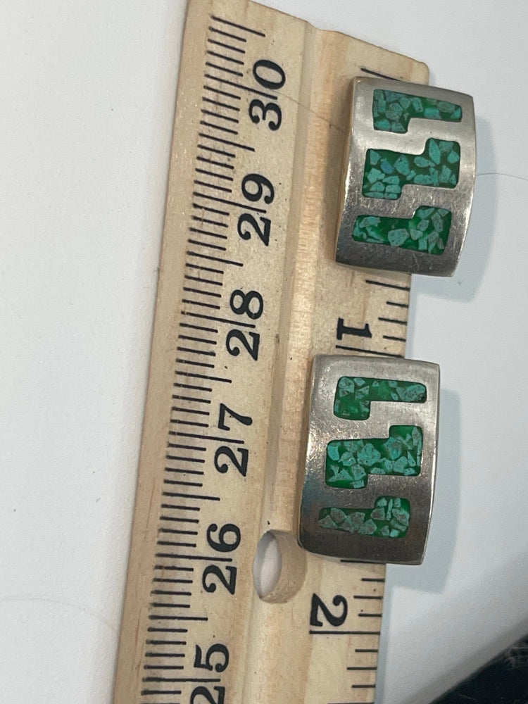 Vintage Malachite & Sterling Silver Earrings - Aztec Mexico - Rectangular Southwestern
