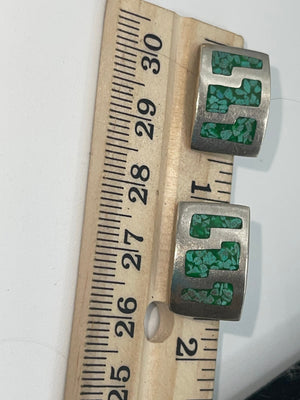 Vintage Malachite & Sterling Silver Earrings - Aztec Mexico - Rectangular Southwestern