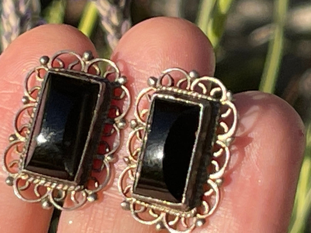 Antique Art Deco Filigree Ornate Screw Back Earrings | Sterling Silver & Black Onyx