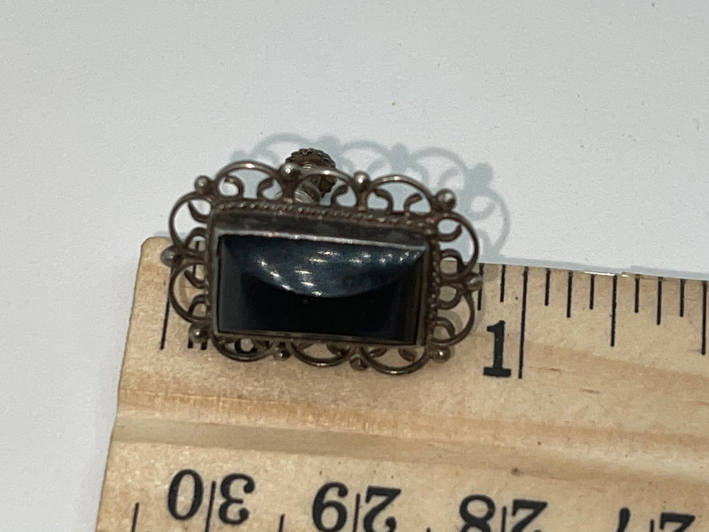 Antique Art Deco Filigree Ornate Screw Back Earrings | Sterling Silver & Black Onyx