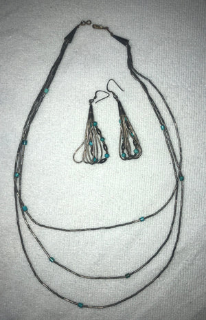 Vintage liquid sterling silver turquoise beads multi strand necklace and earrings Native American Indian Southwestern