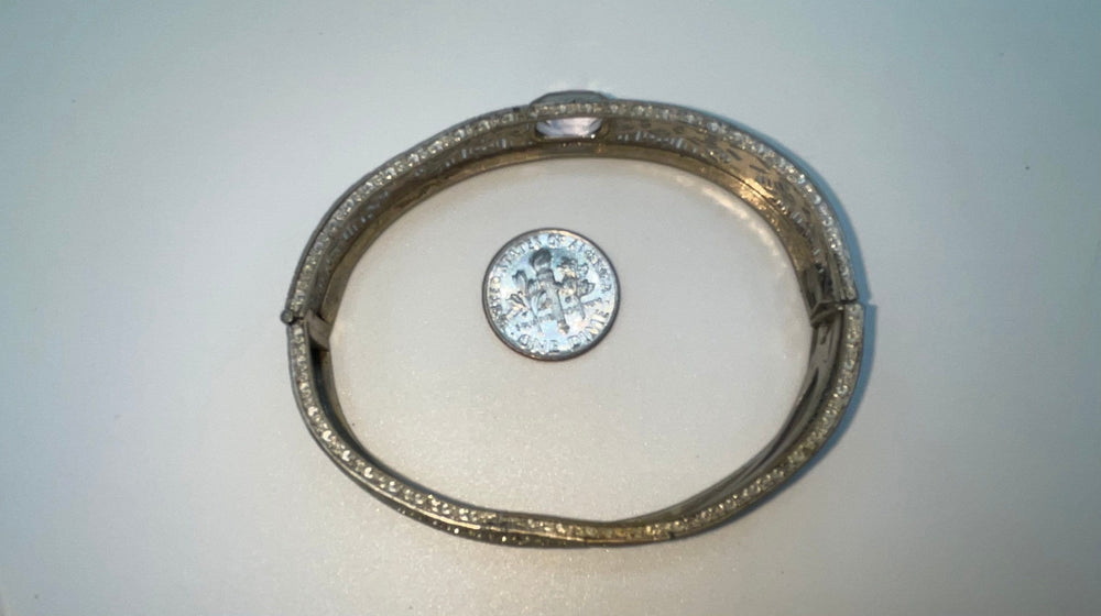 Antique Art Deco Filigree Silver-tone Bracelet Gemstone or Glass Centerpiece