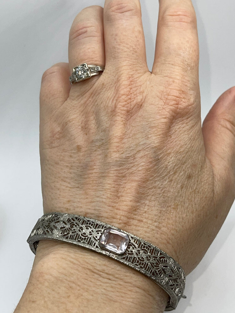 Antique Art Deco Filigree Silver-tone Bracelet Gemstone or Glass Centerpiece