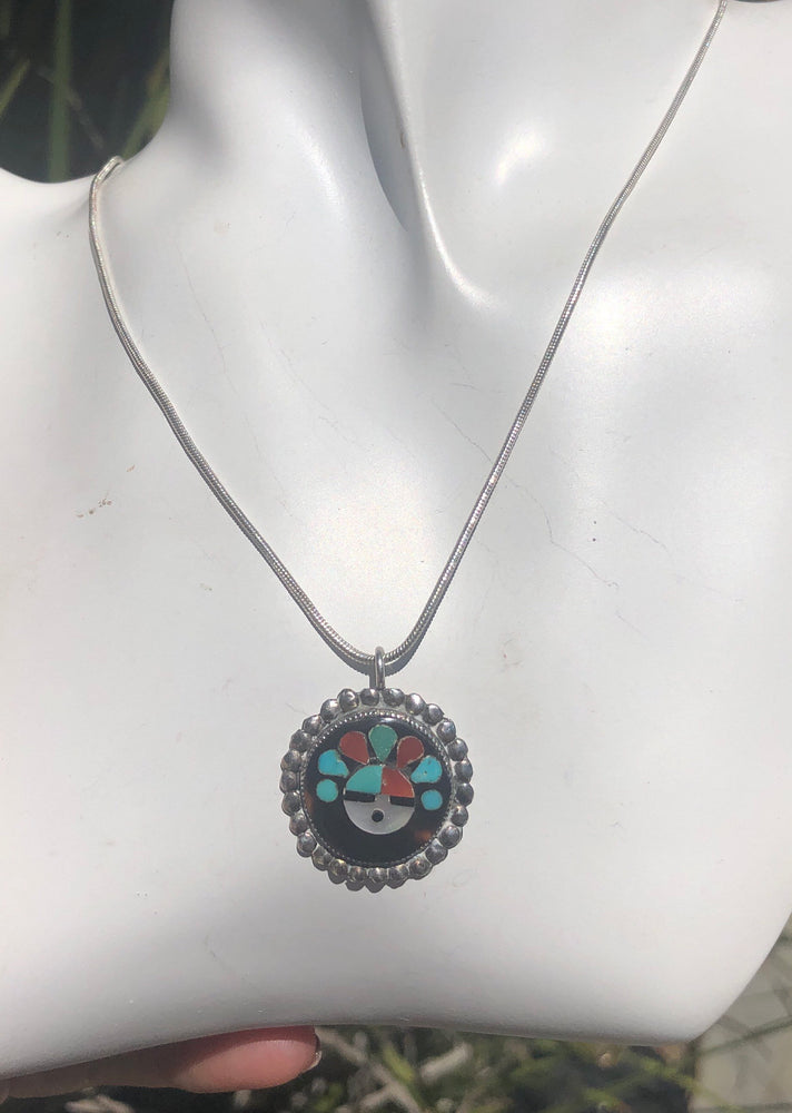 Vintage Zuni Native American Indian inlaid pendant necklace chain Black onyx red coral turquoise mop sterling silver mother of pearl