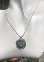 Vintage Zuni Native American Indian inlaid pendant necklace chain Black onyx red coral turquoise mop sterling silver mother of pearl