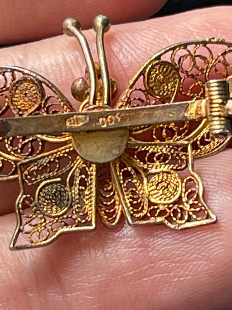 Victorian Edwardian 800 Silver Gold Vermeil Filigree Butterfly Brooch