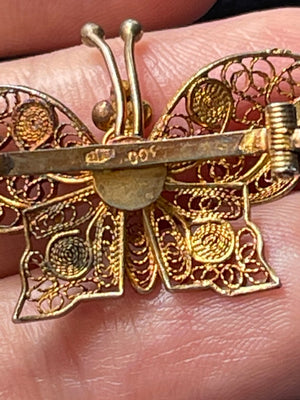 Victorian Edwardian 800 Silver Gold Vermeil Filigree Butterfly Brooch
