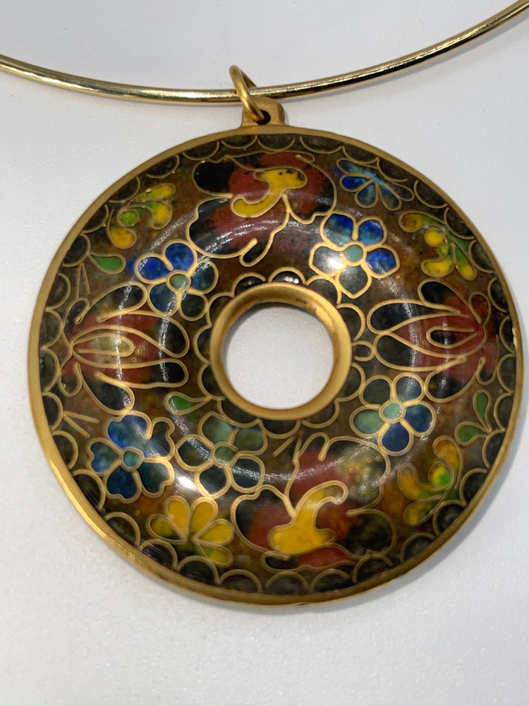 Big Vintage Cloisonné Donut Pendant Round Collar Necklace Gold Tone