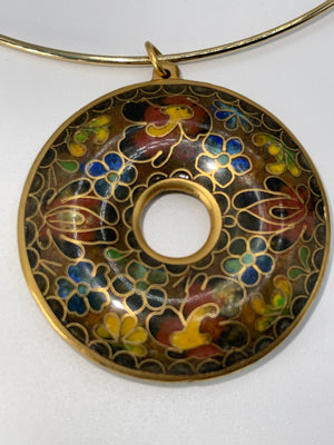 Big Vintage Cloisonné Donut Pendant Round Collar Necklace Gold Tone