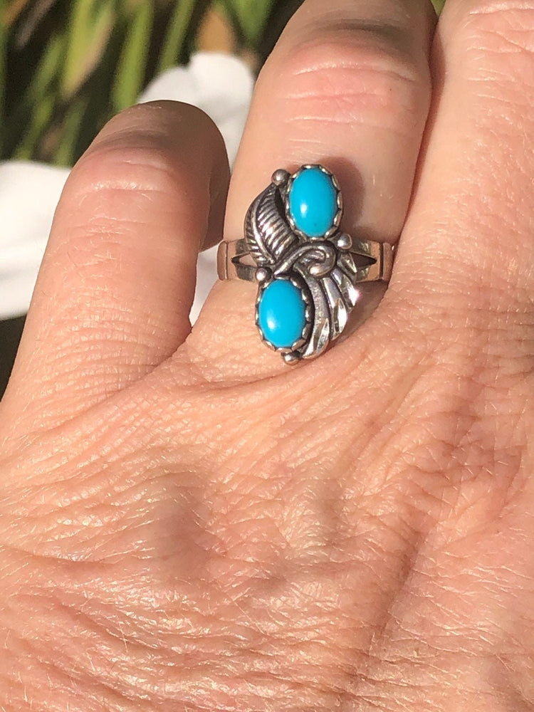 Vintage Native American Indian turquoise sterling silver Diamond cut  925 Size 5